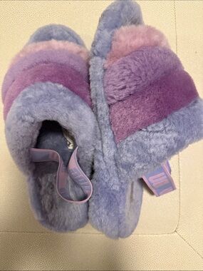 UGG Blue Fuzzy Slide with Pink and Purple Branded Strap